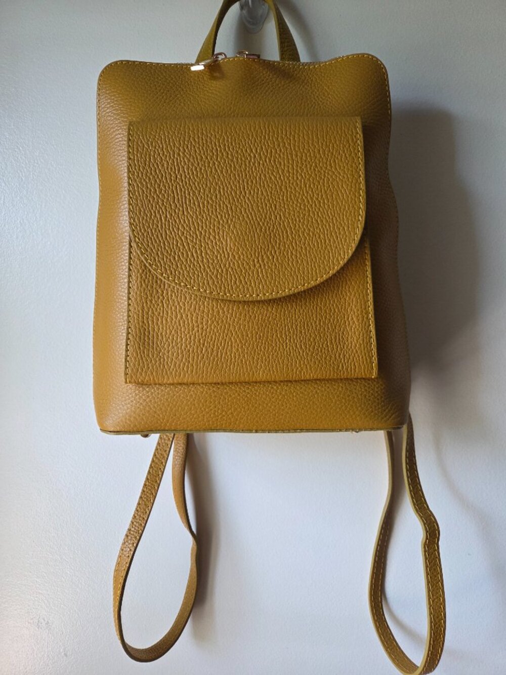 NEW W/O TAG GENUINE LEATHER MUSTARD YELLOW THICK PEBBLED BACKPACK MADE IN ITALY